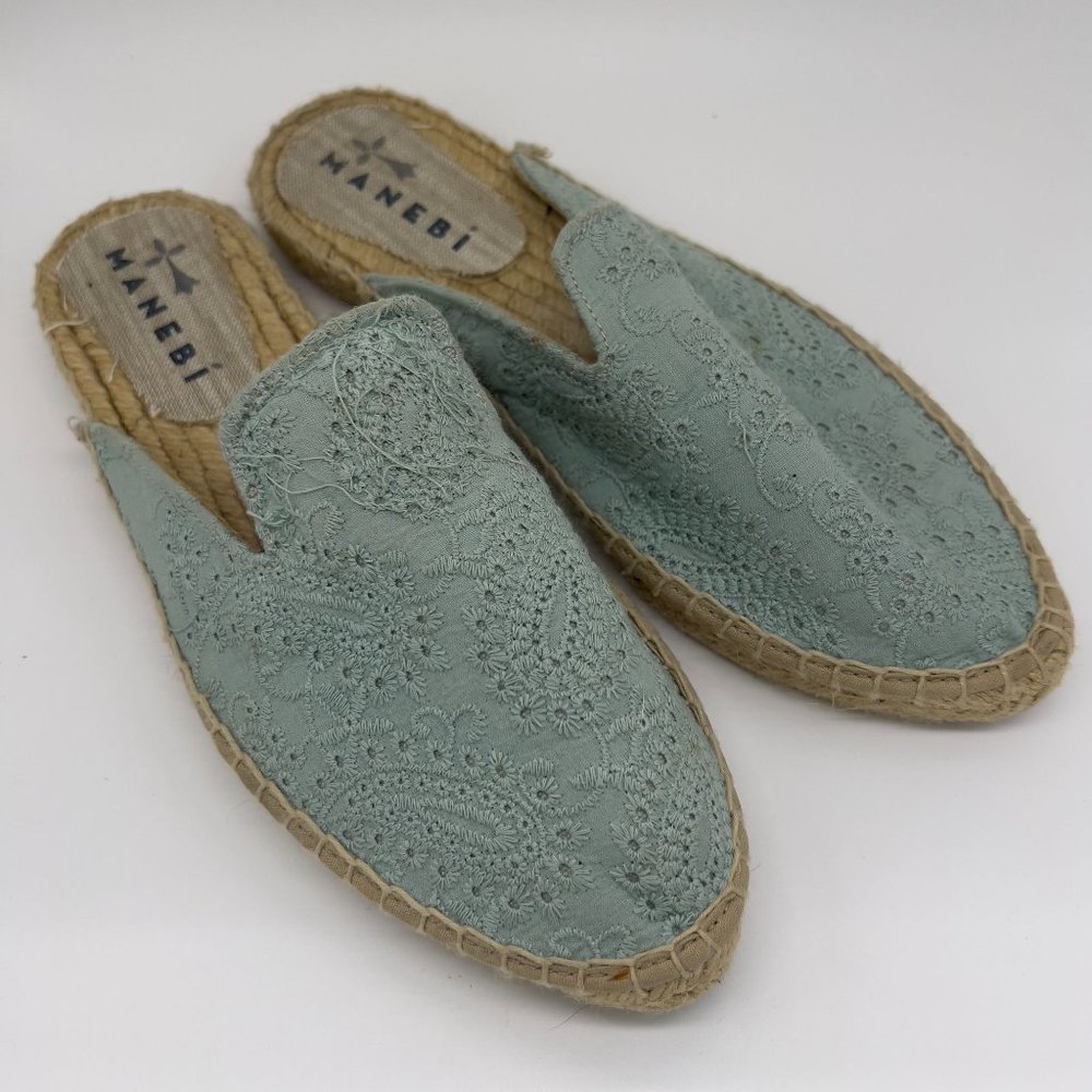 Anthropologie Manebi Espadrille Mules Eyelet Lace Light Blue Size 39